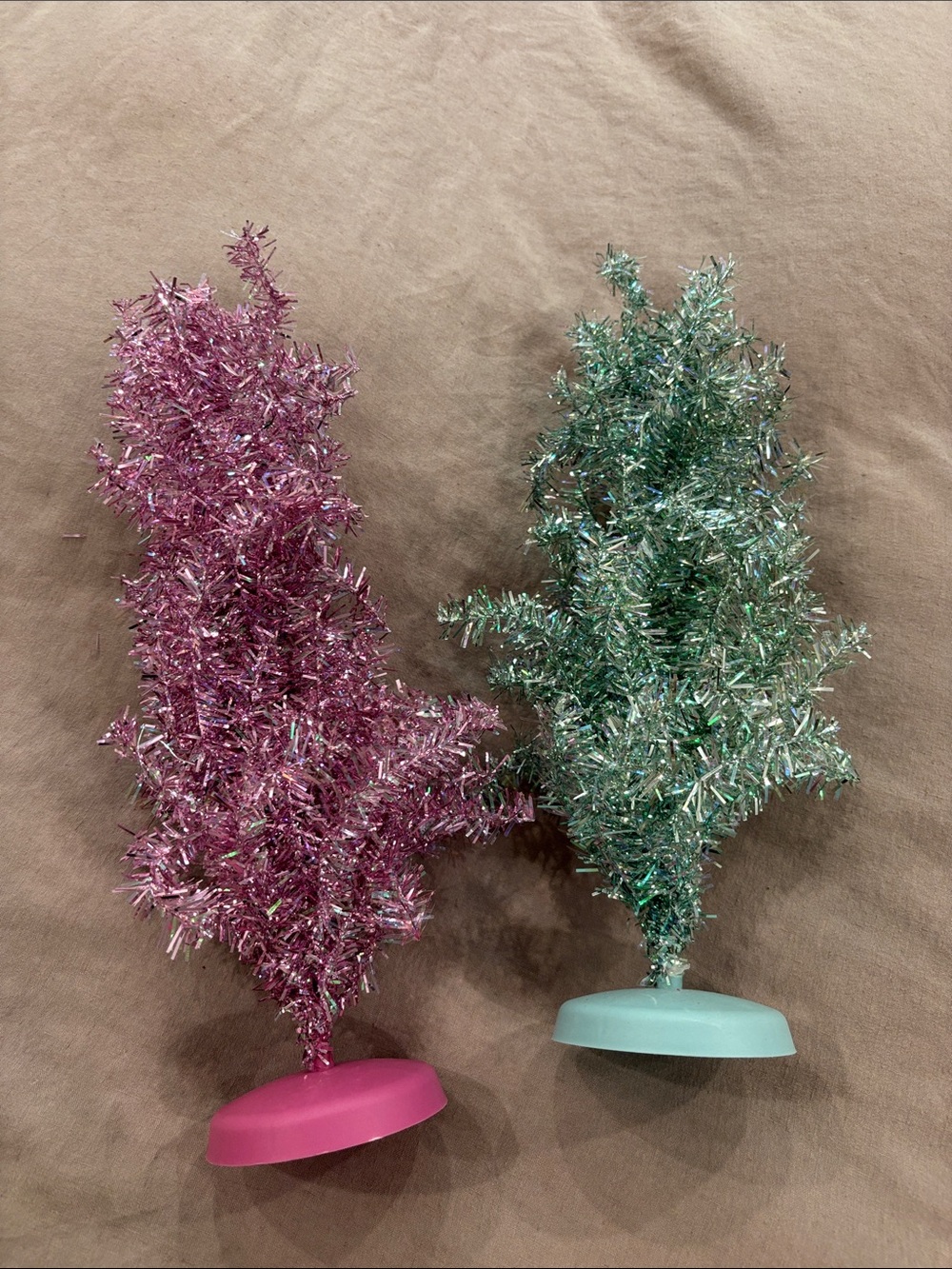 Tinsel Christmas Tree set of 2 pink and aqua color 16inches tall